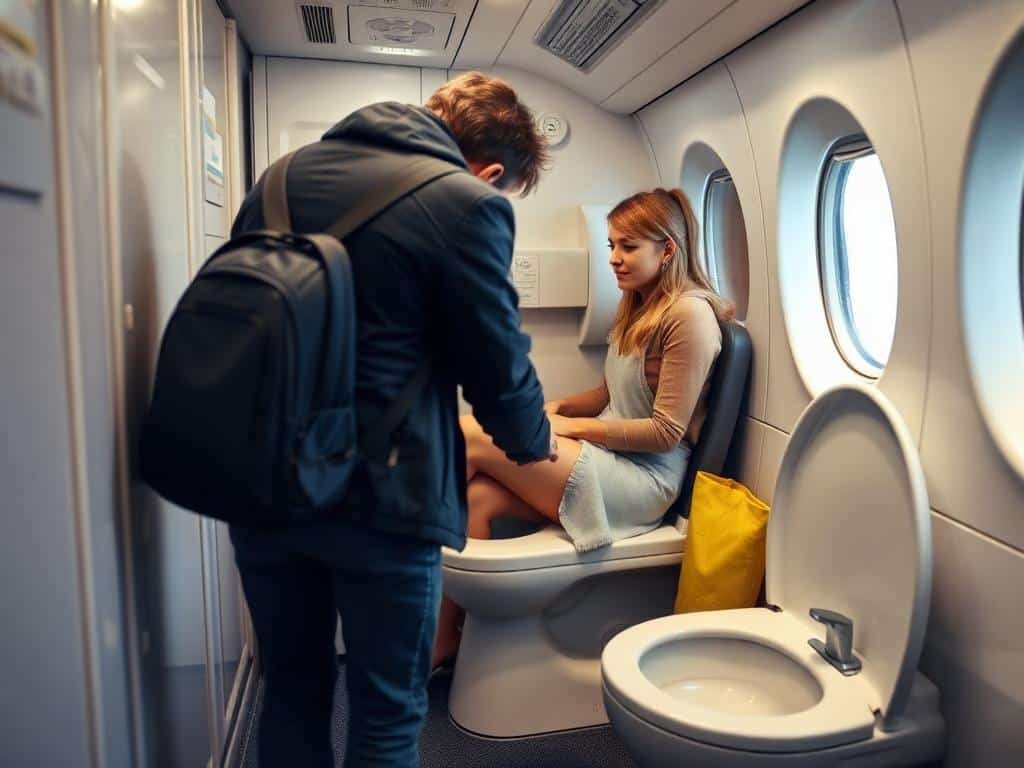 Heißer Flug
        
          Zwei Flugzeugpassagiere legen auf der Toilette los – und sorgen für Gelächter