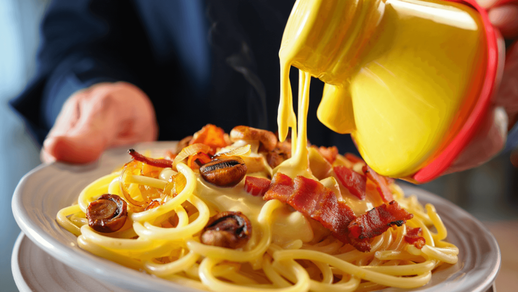 Hensslers Pasta in Camembert-Sauce mit Speck und Zwiebeln – wer kann da widerstehen?