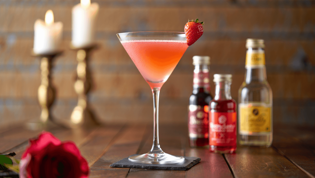 Two refreshing red translucent drinks with ice and raspberries. The raspberry juice is garnished with a green leaf, and there are pieces of ice and raspberries scattered around the drinks.