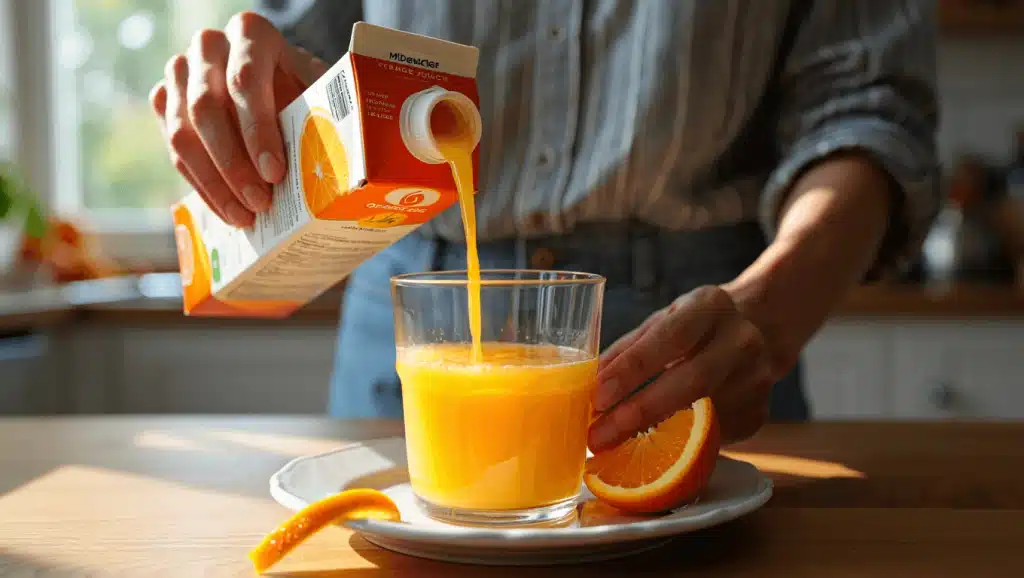 Orangensaft wird in ein Glas gegossen, im Hintergrund Orangen