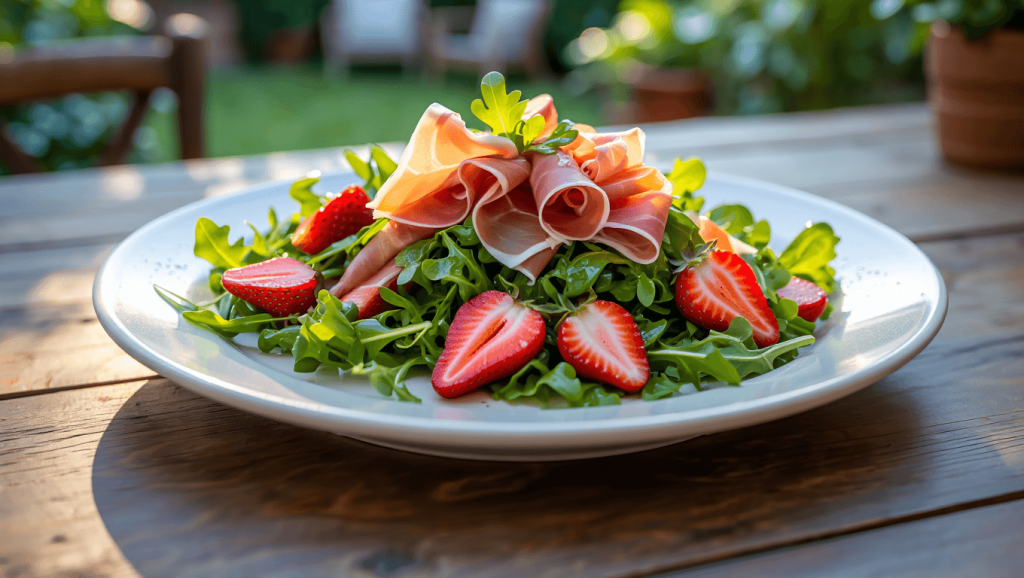 Rezept für Erdbeer-Salat mit Schinken und Rucola.