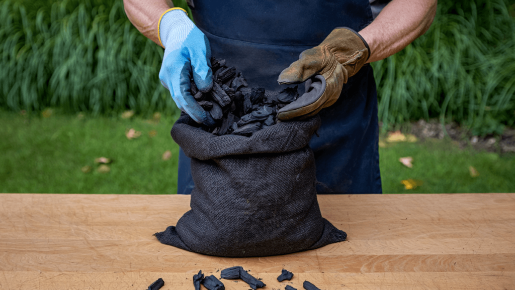 Frau im Garten, die eine Tüte mit Kohle in der Hand hält und versucht, den Grill mit Kohle zu befüllen