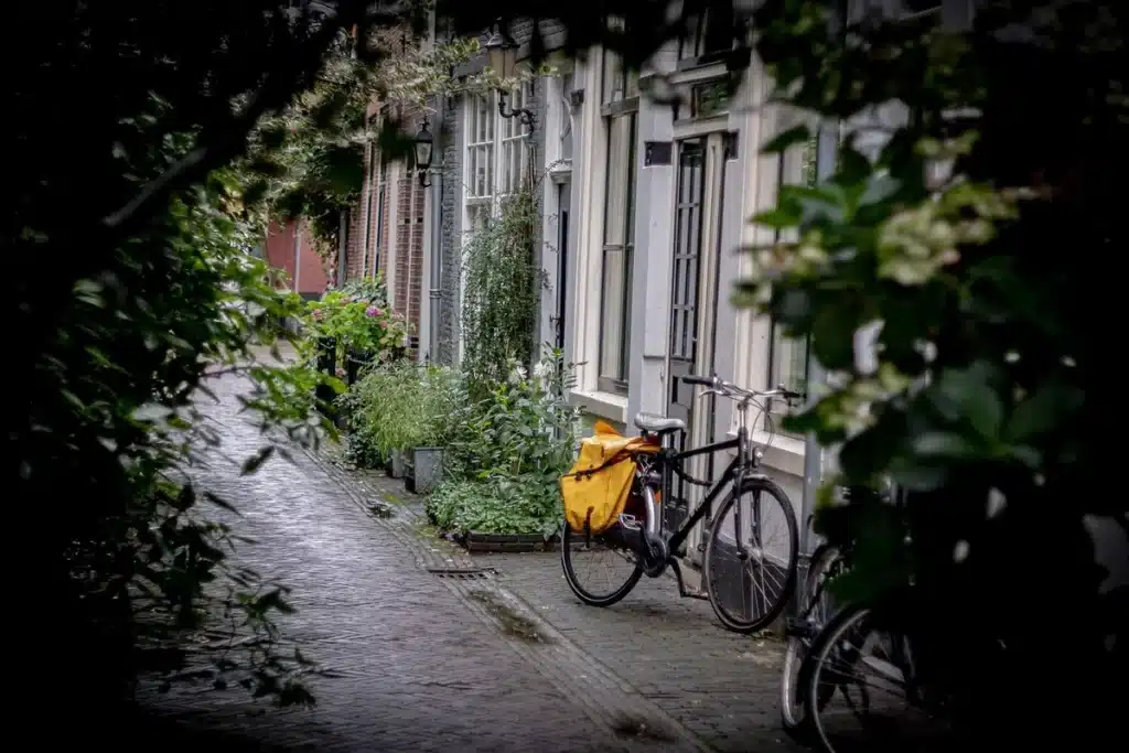 Eenzame voetganger loopt door herfstige Berlijnse straat met verkiezingsposters aan beide zijden