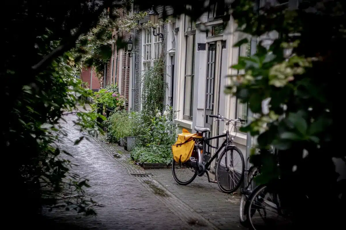 Eenzame voetganger loopt door herfstige Berlijnse straat met verkiezingsposters aan beide zijden