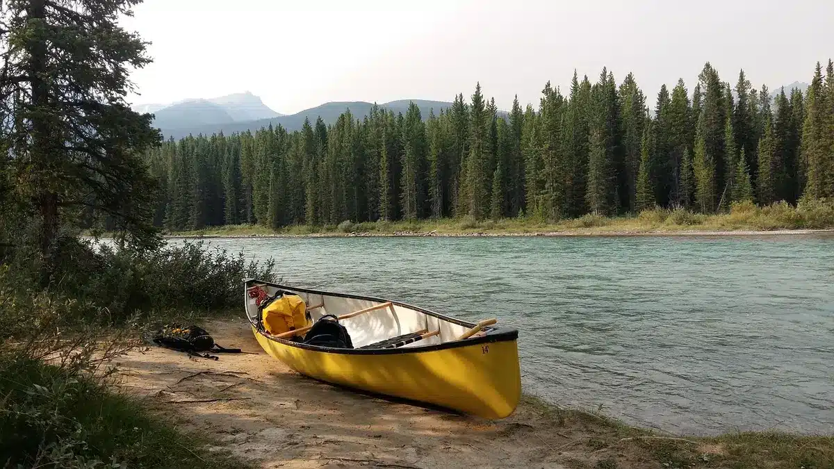 Kano op een rustige rivier zonder mensen met een telefoon op de voorgrond
