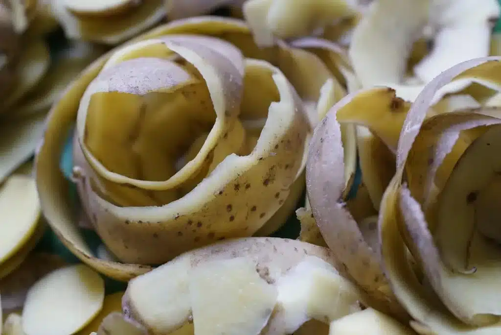 Goldene Kartoffelschalen‑Chips auf Teller neben Airfryer in heller Küche