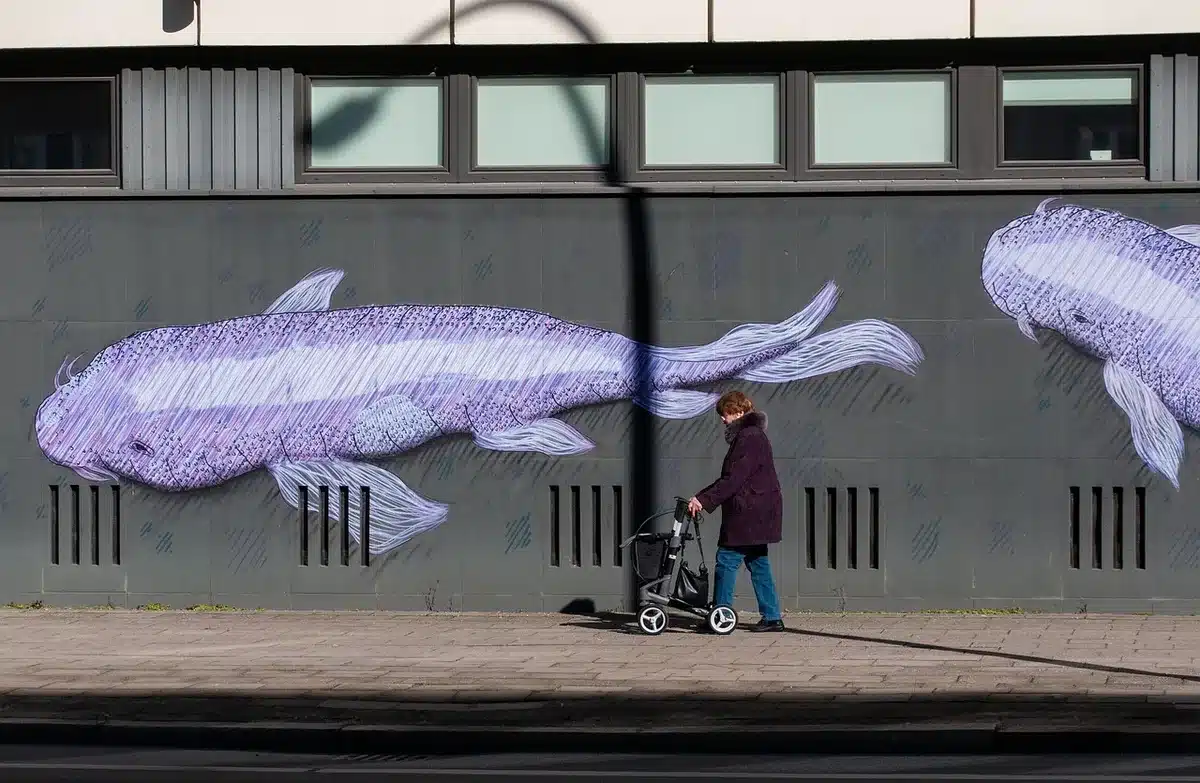 Oude man met rollator op een stoep, candid straatbeeld