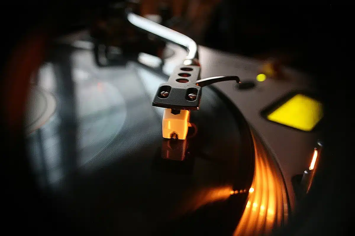 Vinylplaten netjes rechtop bewaard op een plank